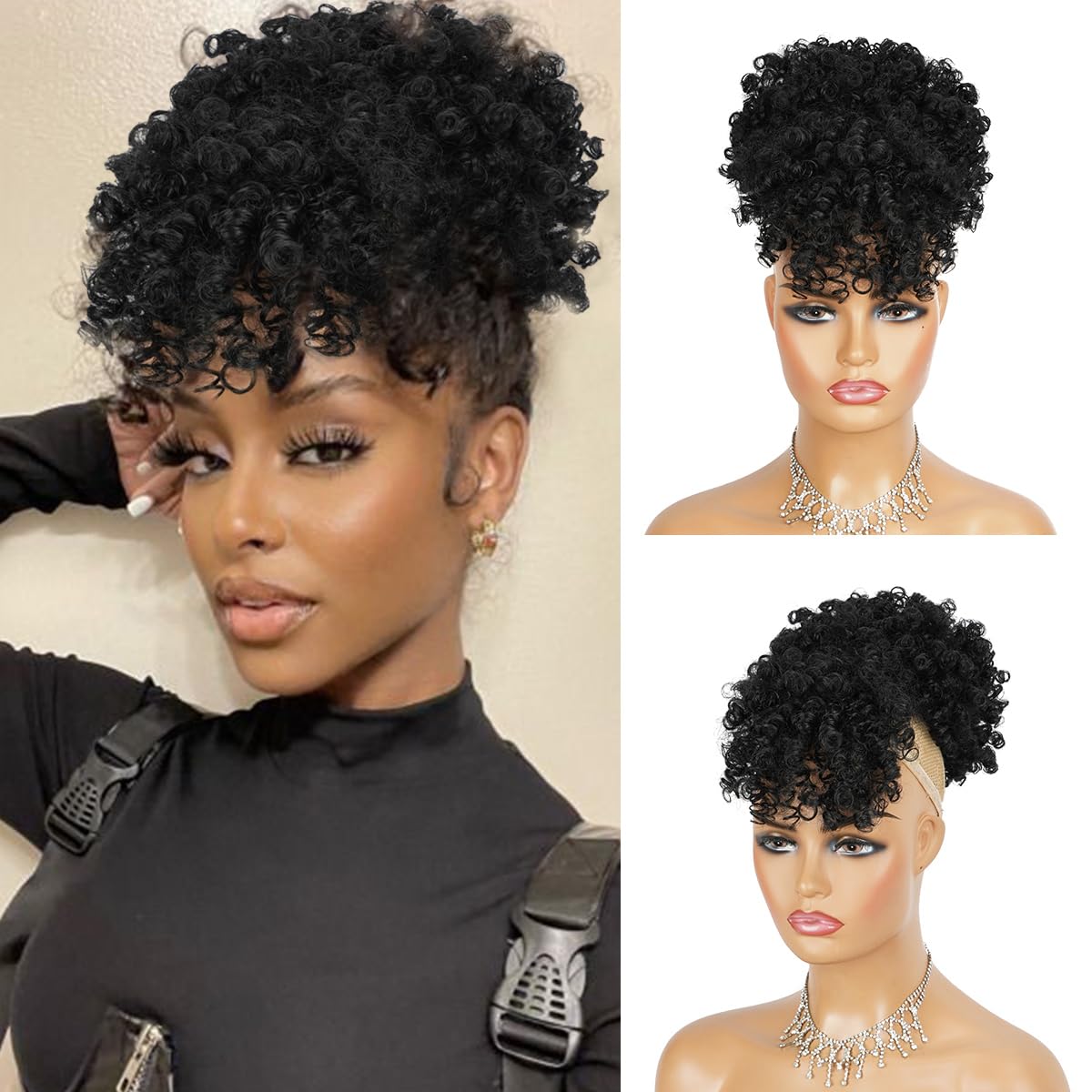 Drawstring Afro Curly Puff Ponytail - Afro Puff Drawstring Ponytail with Bangs