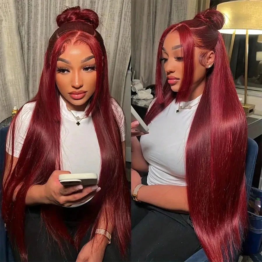 200 Density 99J Burgundy 13X6  - Hd Lace Frontal Wig Human Hair Pre Plucked 评论和价格