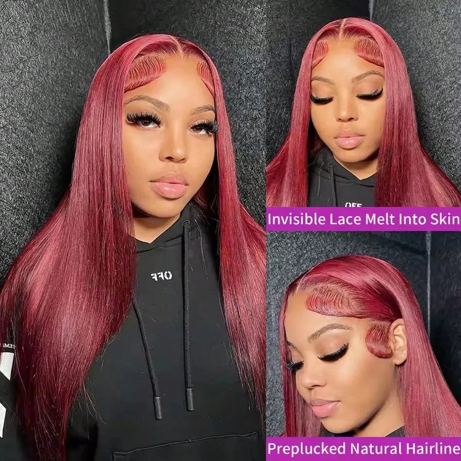 200 Density 99J Burgundy 13X6  - Hd Lace Frontal Wig Human Hair Pre Plucked 评论和价格