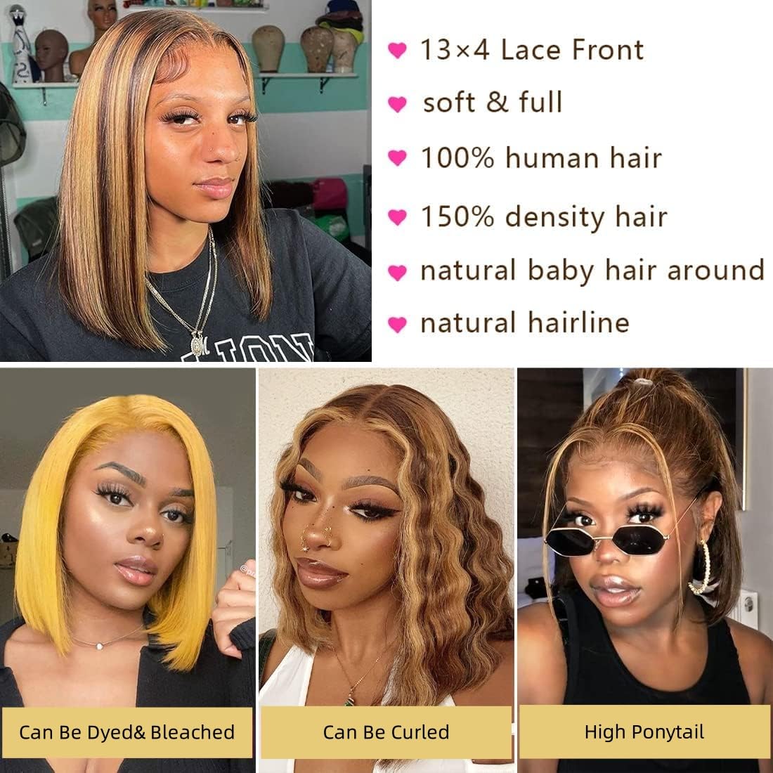 Bob Wig Human Hair 13x4 HD Lac - Pre Parted 13X4 Lace Front Bob Wig 评论和价格