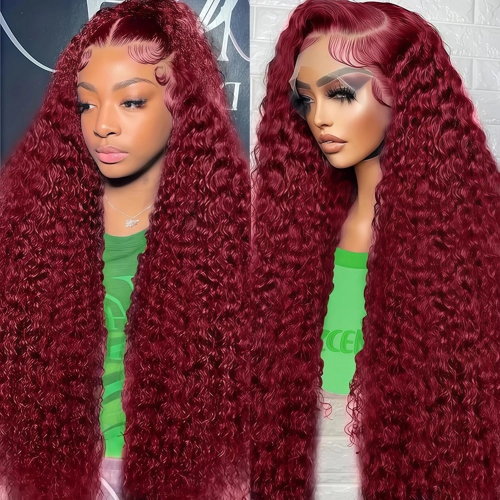 99J Burgundy Colored Deep Wave - Lace Front Wigs 评论和价格