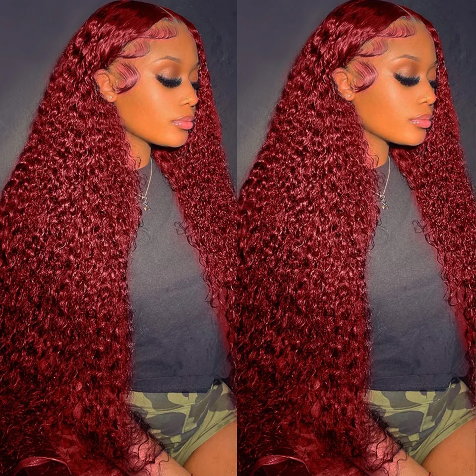99J Burgundy Colored Deep Wave - Lace Front Wigs 评论和价格