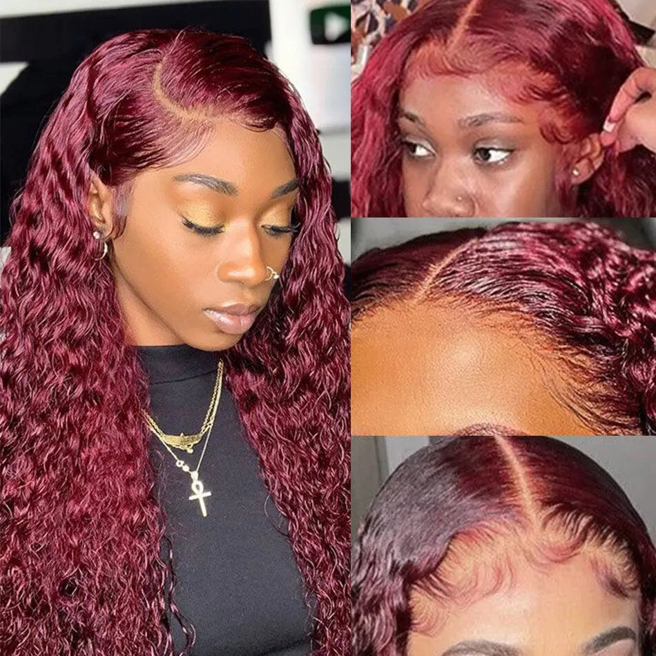 99J Burgundy Colored Deep Wave - Lace Front Wigs 评论和价格