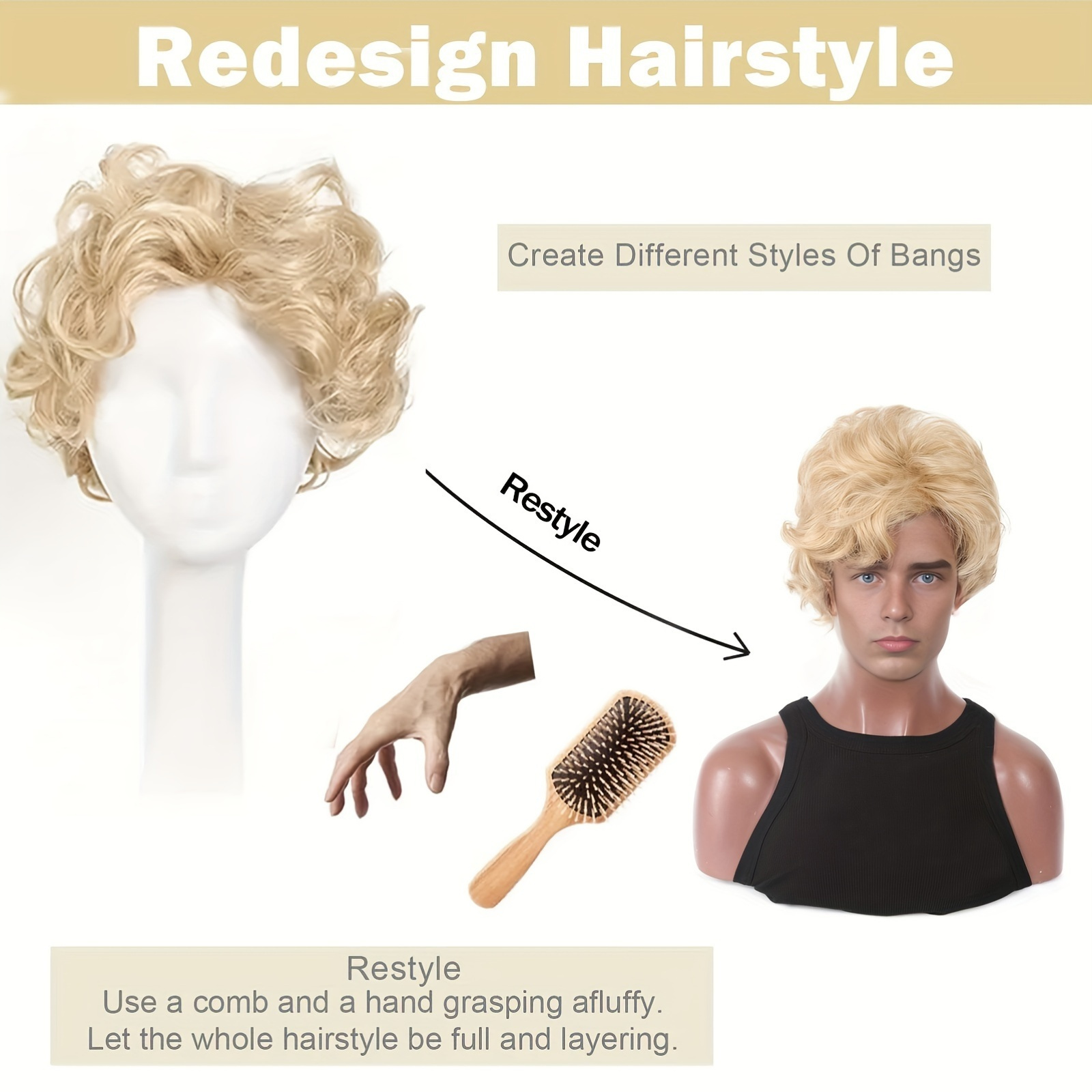 Mens Blonde Wig Short Wavy Flu - Synthetic Wigs 评论和价格