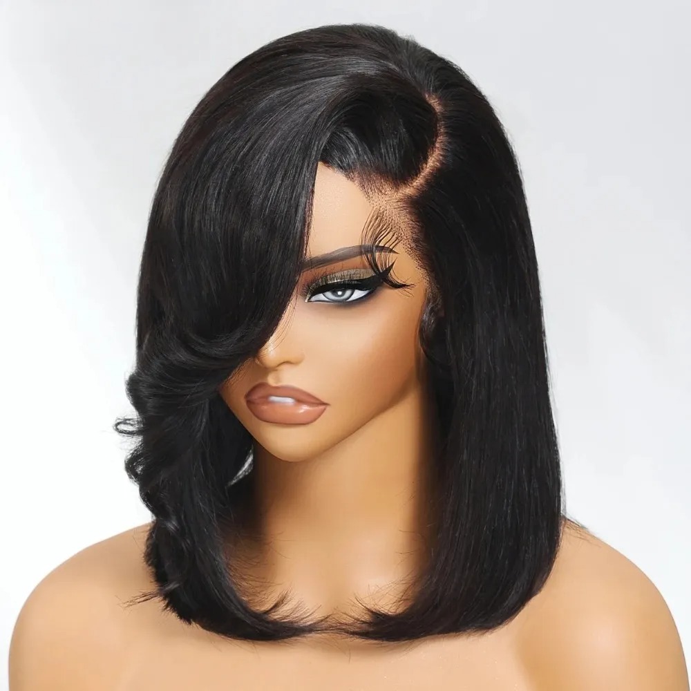 Black Short Bob Straight Lace  - Pre Parted 13X4 Lace Front Bob Wig 评论和价格