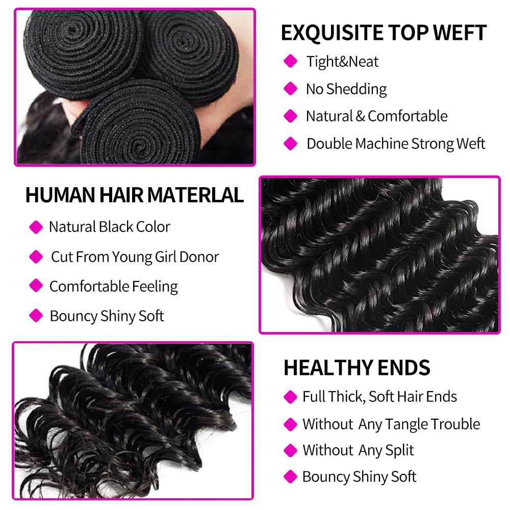 Human Hair Bundles with Closur - Deep Wave 3 Bundles With Closure 评论和价格