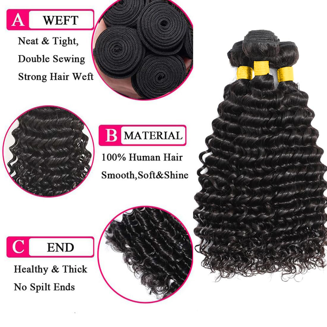 Human Hair Bundles with Closur - Deep Wave 3 Bundles With Closure 评论和价格