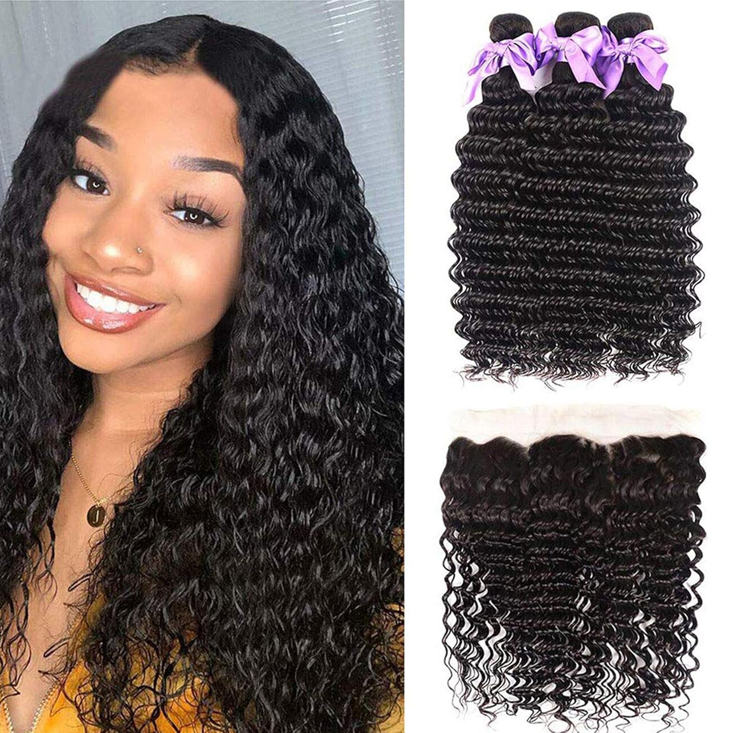 Deep Wave Human Hair Bundles w - Deep Wave 3 Bundles With Closure 评论和价格